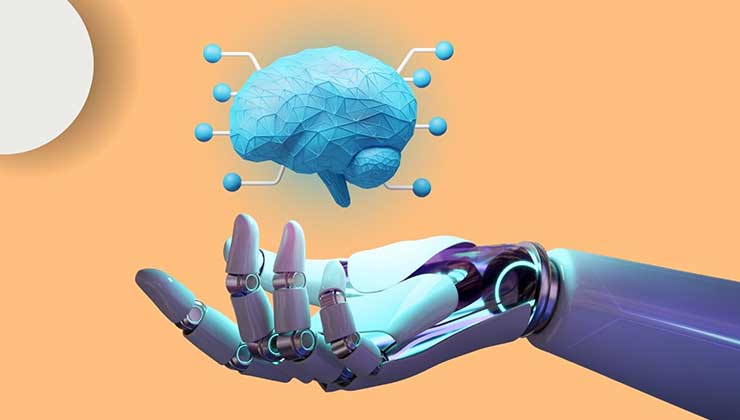 the power of AI, a robotic hand holding a 3D human brain